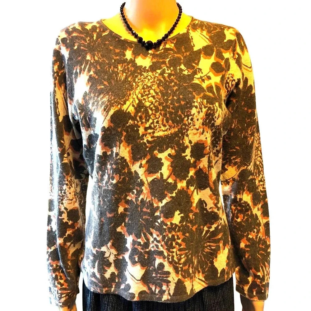 Jillian Jones Wool Angora Blended Women Floral Print Cozy Sweater Size L Stretch